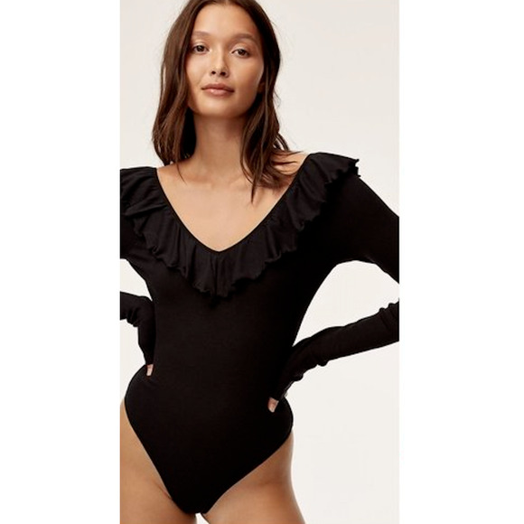 WILFRED Long-sleeve Danette Ribbed Ruffle Plunge Neck Stretch Bodysuit Black S - Picture 1 of 6